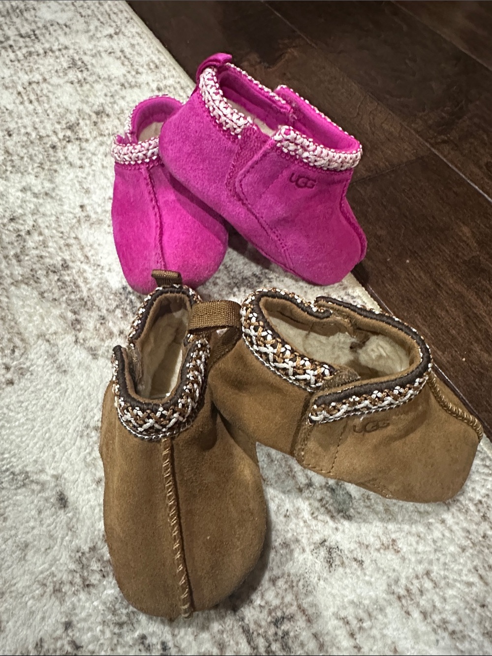UGG Kids Suede Booties in Bright Pink and Chestnut